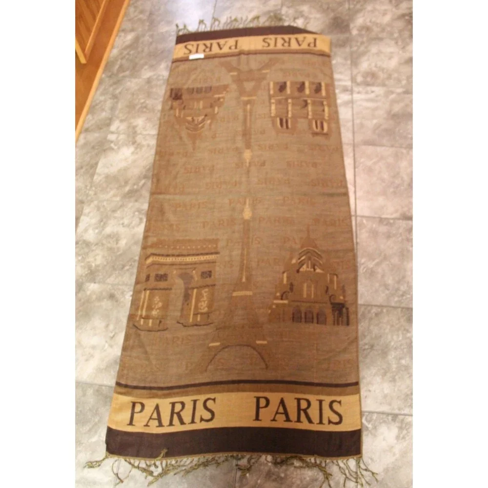 Brown Scarf Wrap Paris Eiffel Tower with Fringe 100% Viscose 70